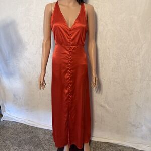 Anthropologie Maxi Slip Dress Deep Coral Color Size L Covered Buttons Sundress
